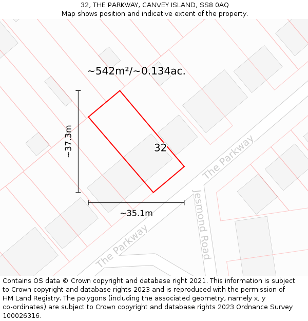 32, THE PARKWAY, CANVEY ISLAND, SS8 0AQ: Plot and title map