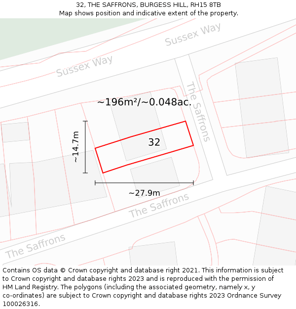 32, THE SAFFRONS, BURGESS HILL, RH15 8TB: Plot and title map