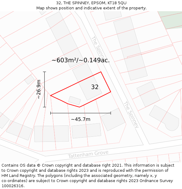 32, THE SPINNEY, EPSOM, KT18 5QU: Plot and title map