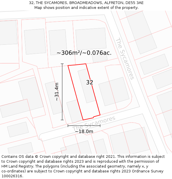 32, THE SYCAMORES, BROADMEADOWS, ALFRETON, DE55 3AE: Plot and title map