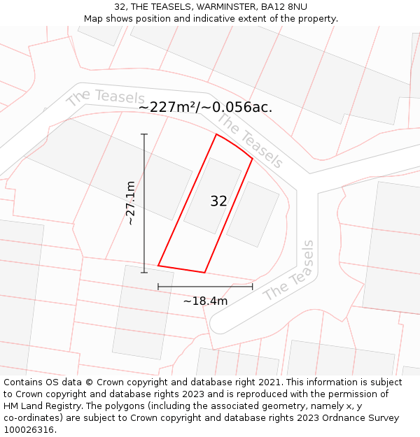 32, THE TEASELS, WARMINSTER, BA12 8NU: Plot and title map