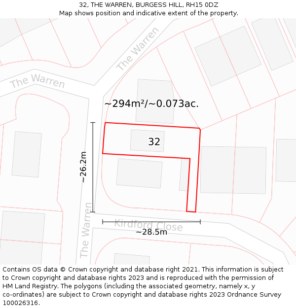 32, THE WARREN, BURGESS HILL, RH15 0DZ: Plot and title map