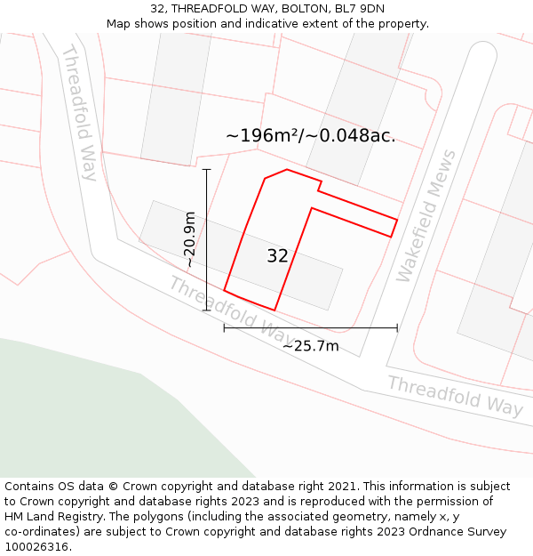 32, THREADFOLD WAY, BOLTON, BL7 9DN: Plot and title map