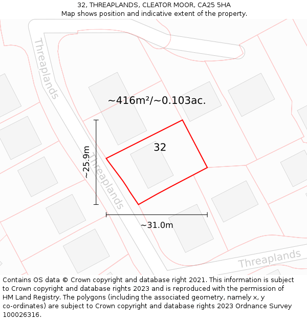 32, THREAPLANDS, CLEATOR MOOR, CA25 5HA: Plot and title map