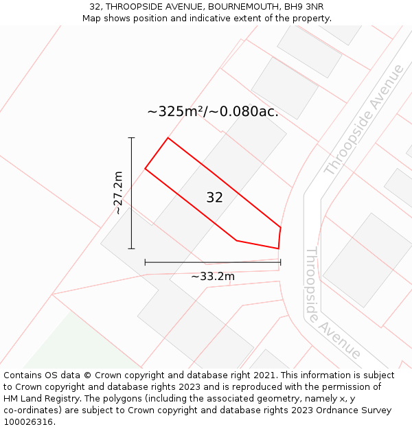 32, THROOPSIDE AVENUE, BOURNEMOUTH, BH9 3NR: Plot and title map