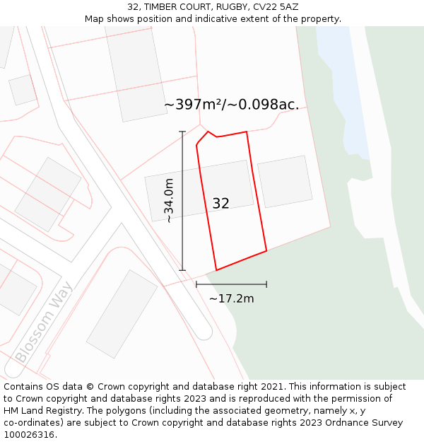 32, TIMBER COURT, RUGBY, CV22 5AZ: Plot and title map