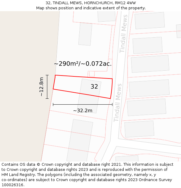 32, TINDALL MEWS, HORNCHURCH, RM12 4WW: Plot and title map