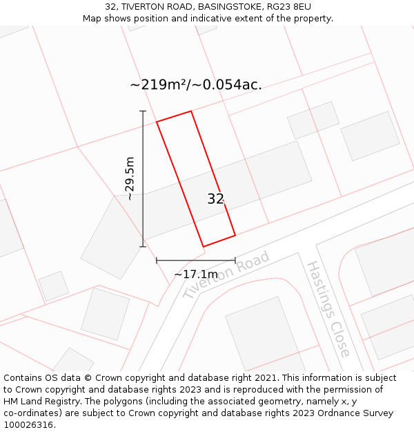 32, TIVERTON ROAD, BASINGSTOKE, RG23 8EU: Plot and title map