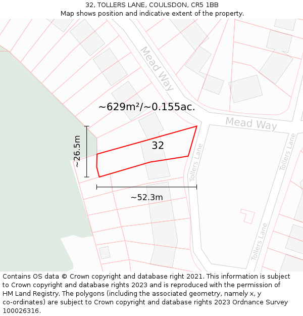 32, TOLLERS LANE, COULSDON, CR5 1BB: Plot and title map