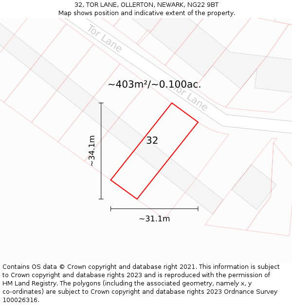 32, TOR LANE, OLLERTON, NEWARK, NG22 9BT: Plot and title map