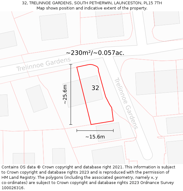 32, TRELINNOE GARDENS, SOUTH PETHERWIN, LAUNCESTON, PL15 7TH: Plot and title map