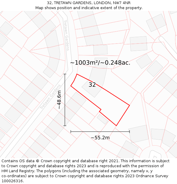 32, TRETAWN GARDENS, LONDON, NW7 4NR: Plot and title map