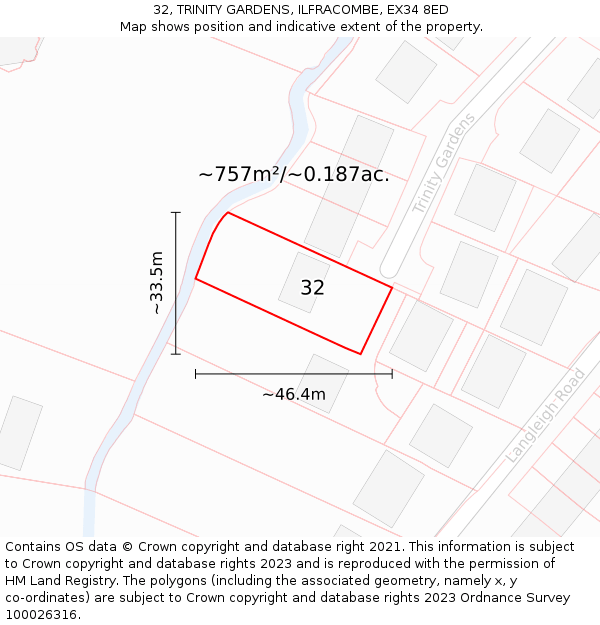 32, TRINITY GARDENS, ILFRACOMBE, EX34 8ED: Plot and title map