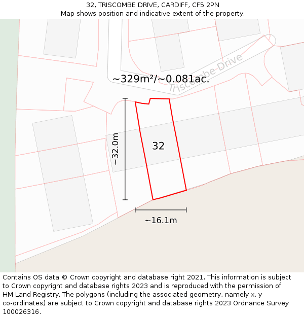 32, TRISCOMBE DRIVE, CARDIFF, CF5 2PN: Plot and title map