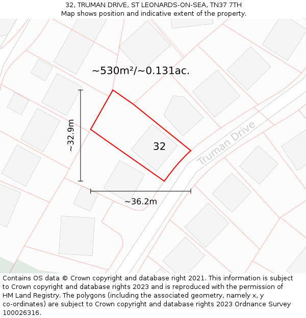 32, TRUMAN DRIVE, ST LEONARDS-ON-SEA, TN37 7TH: Plot and title map