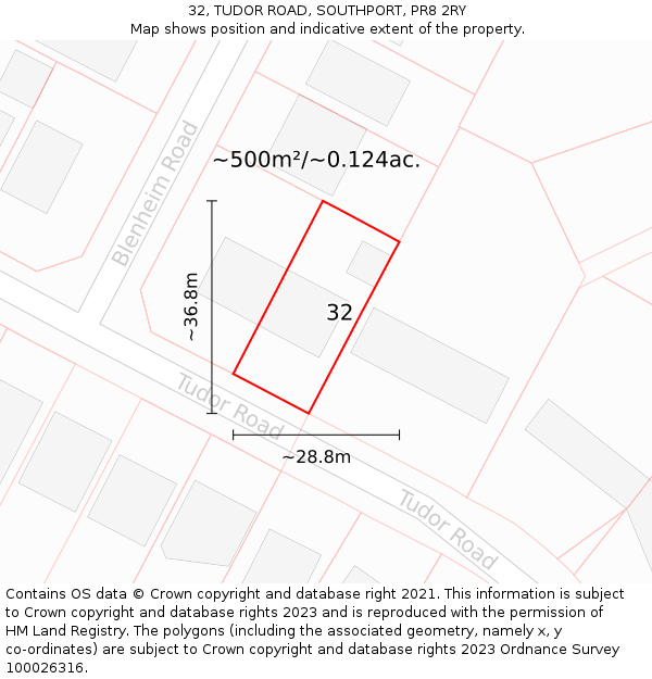 32, TUDOR ROAD, SOUTHPORT, PR8 2RY: Plot and title map