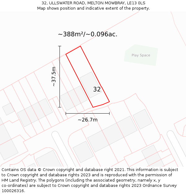 32, ULLSWATER ROAD, MELTON MOWBRAY, LE13 0LS: Plot and title map