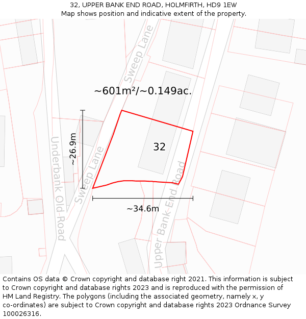32, UPPER BANK END ROAD, HOLMFIRTH, HD9 1EW: Plot and title map