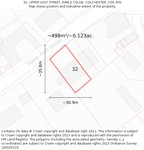 32, UPPER HOLT STREET, EARLS COLNE, COLCHESTER, CO6 2PG: Plot and title map