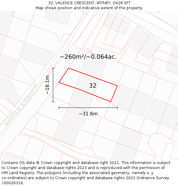 32, VALENCE CRESCENT, WITNEY, OX28 5FT: Plot and title map