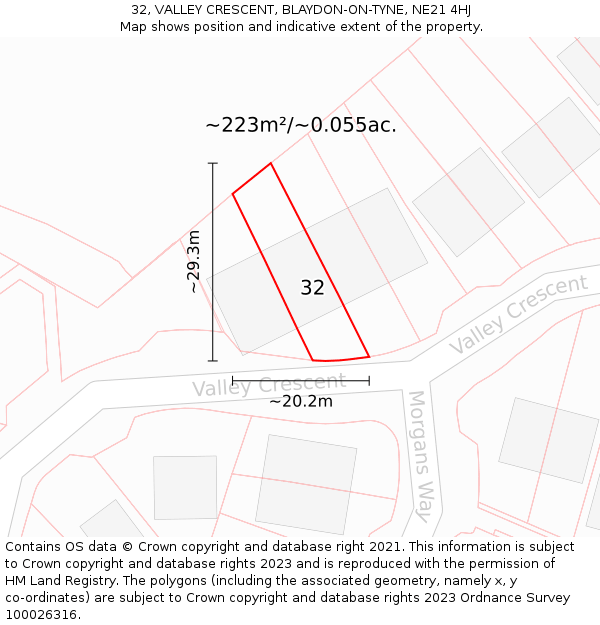 32, VALLEY CRESCENT, BLAYDON-ON-TYNE, NE21 4HJ: Plot and title map