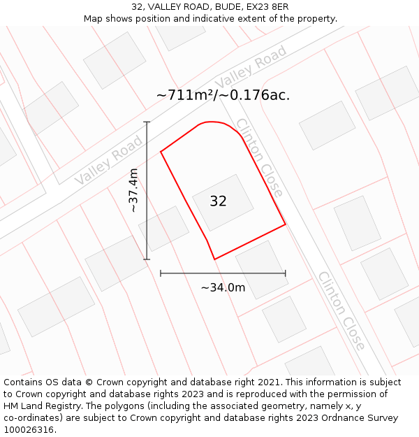 32, VALLEY ROAD, BUDE, EX23 8ER: Plot and title map