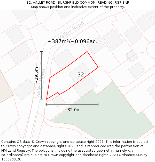 32, VALLEY ROAD, BURGHFIELD COMMON, READING, RG7 3NF: Plot and title map