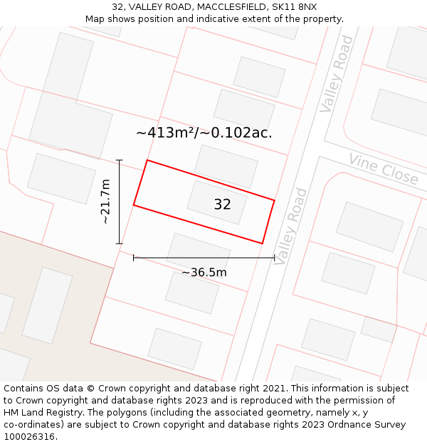 32, VALLEY ROAD, MACCLESFIELD, SK11 8NX: Plot and title map