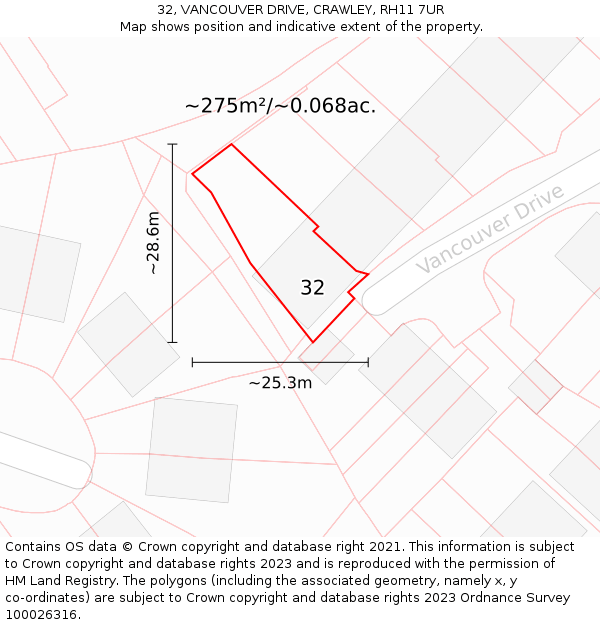 32, VANCOUVER DRIVE, CRAWLEY, RH11 7UR: Plot and title map