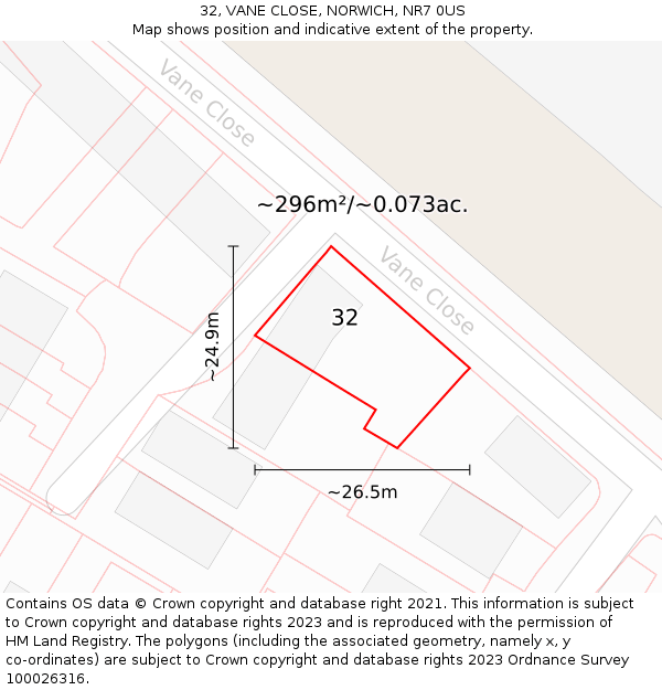 32, VANE CLOSE, NORWICH, NR7 0US: Plot and title map