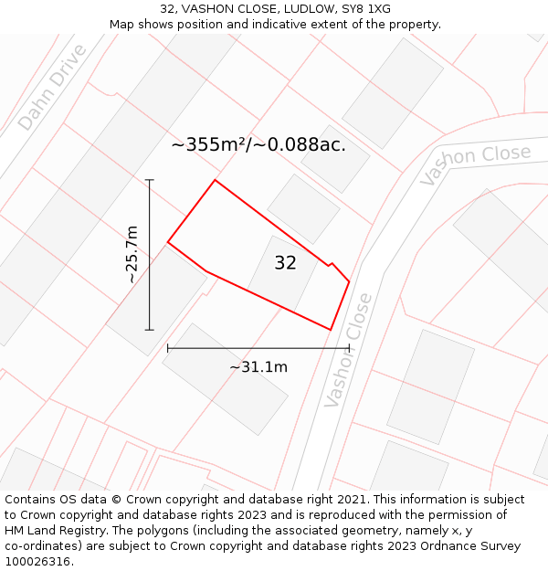 32, VASHON CLOSE, LUDLOW, SY8 1XG: Plot and title map