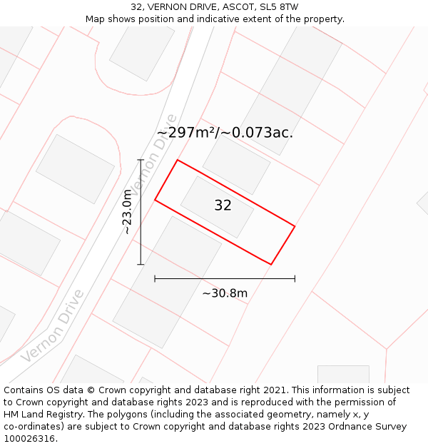 32, VERNON DRIVE, ASCOT, SL5 8TW: Plot and title map