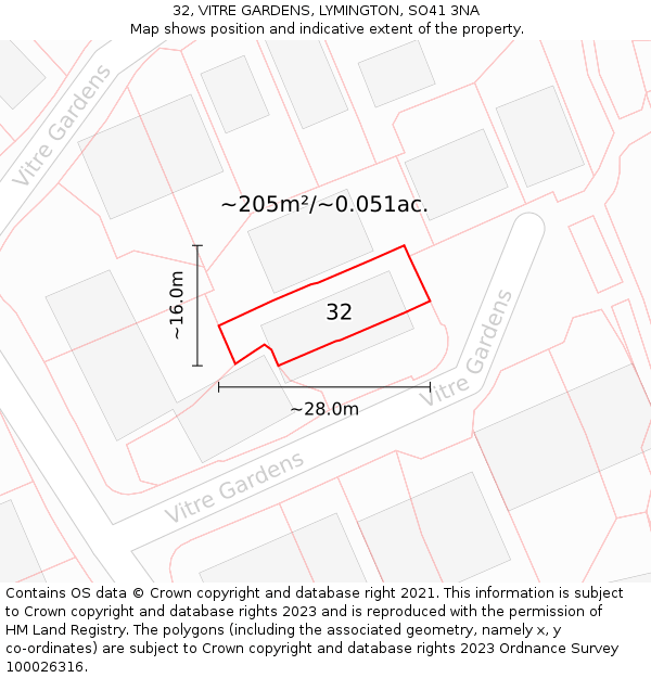 32, VITRE GARDENS, LYMINGTON, SO41 3NA: Plot and title map