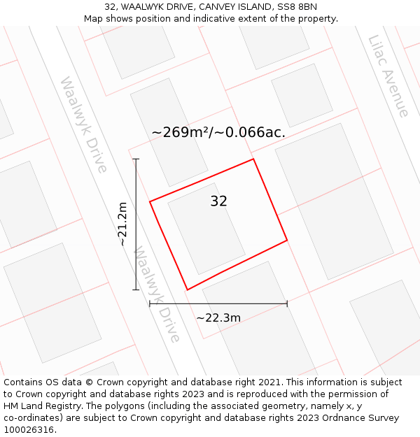 32, WAALWYK DRIVE, CANVEY ISLAND, SS8 8BN: Plot and title map