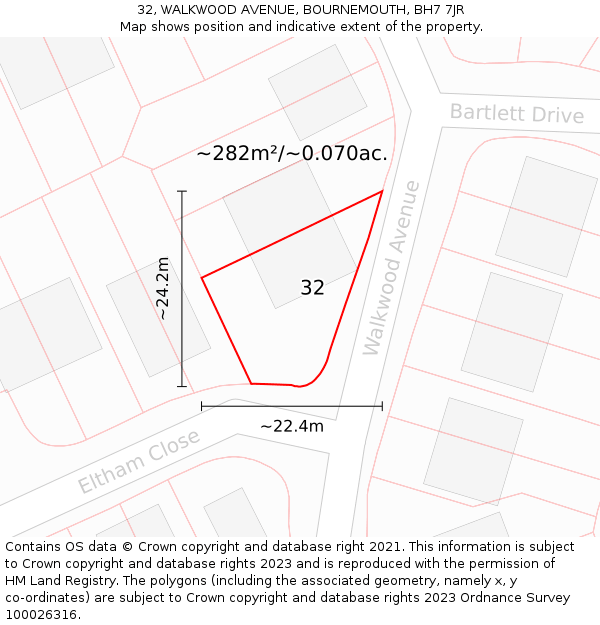 32, WALKWOOD AVENUE, BOURNEMOUTH, BH7 7JR: Plot and title map