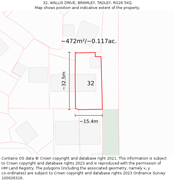 32, WALLIS DRIVE, BRAMLEY, TADLEY, RG26 5XQ: Plot and title map