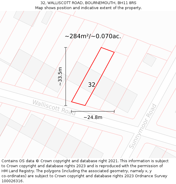 32, WALLISCOTT ROAD, BOURNEMOUTH, BH11 8RS: Plot and title map