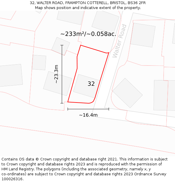 32, WALTER ROAD, FRAMPTON COTTERELL, BRISTOL, BS36 2FR: Plot and title map