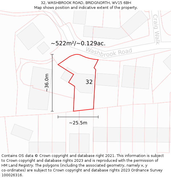 32, WASHBROOK ROAD, BRIDGNORTH, WV15 6BH: Plot and title map