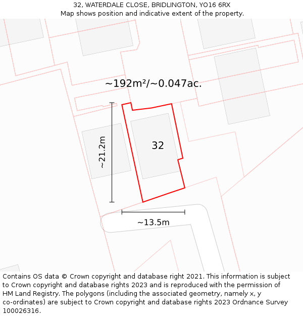 32, WATERDALE CLOSE, BRIDLINGTON, YO16 6RX: Plot and title map