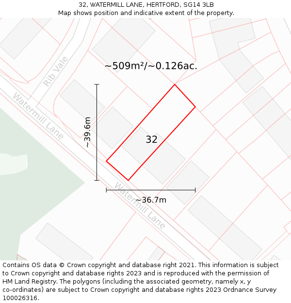 32, WATERMILL LANE, HERTFORD, SG14 3LB: Plot and title map