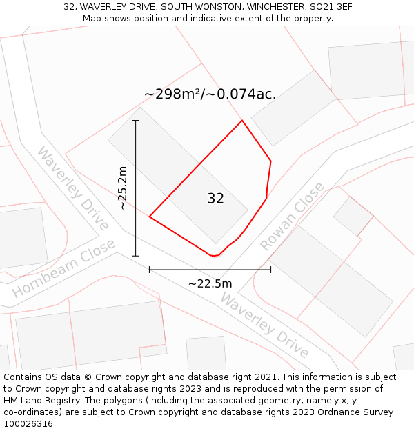 32, WAVERLEY DRIVE, SOUTH WONSTON, WINCHESTER, SO21 3EF: Plot and title map