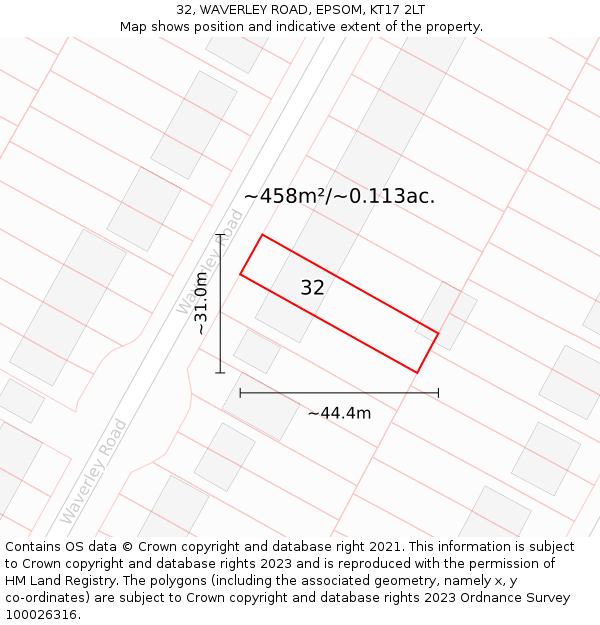 32, WAVERLEY ROAD, EPSOM, KT17 2LT: Plot and title map