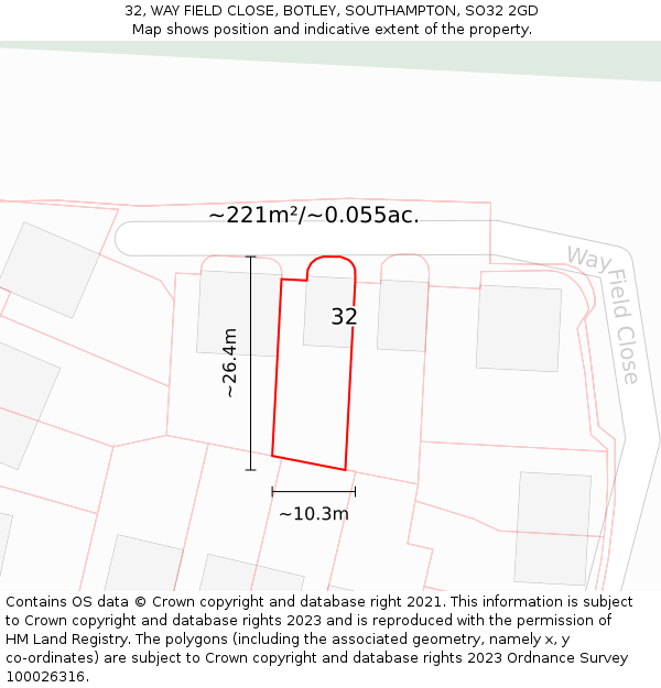 32, WAY FIELD CLOSE, BOTLEY, SOUTHAMPTON, SO32 2GD: Plot and title map