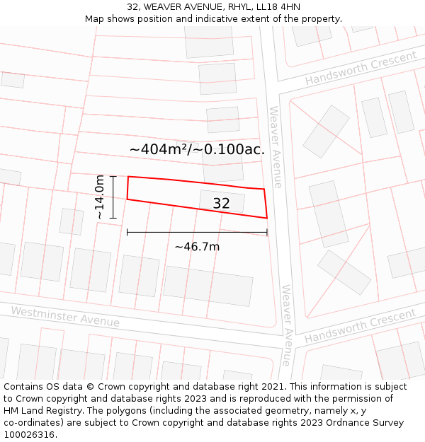 32, WEAVER AVENUE, RHYL, LL18 4HN: Plot and title map