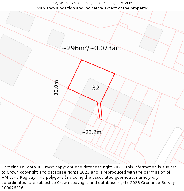 32, WENDYS CLOSE, LEICESTER, LE5 2HY: Plot and title map