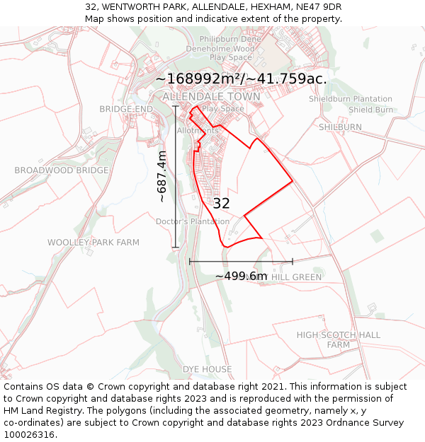 32, WENTWORTH PARK, ALLENDALE, HEXHAM, NE47 9DR: Plot and title map