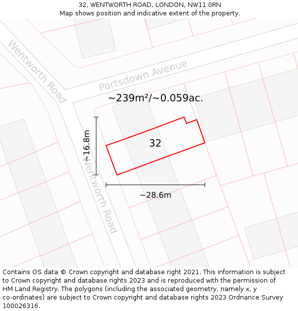 32, WENTWORTH ROAD, LONDON, NW11 0RN: Plot and title map