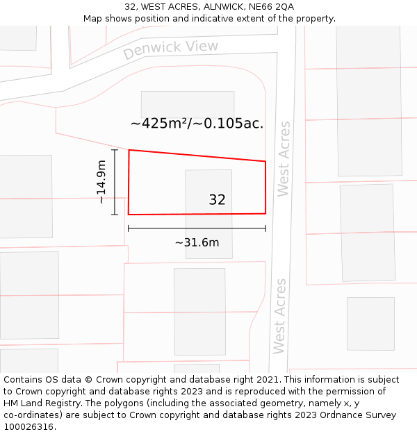 32, WEST ACRES, ALNWICK, NE66 2QA: Plot and title map