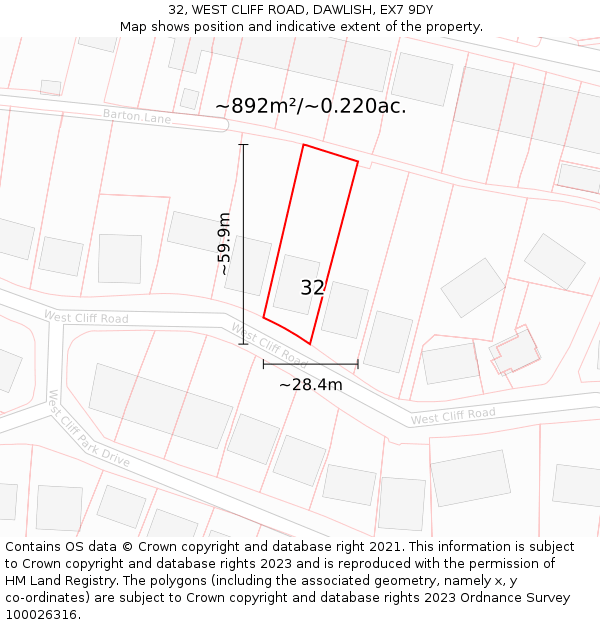 32, WEST CLIFF ROAD, DAWLISH, EX7 9DY: Plot and title map